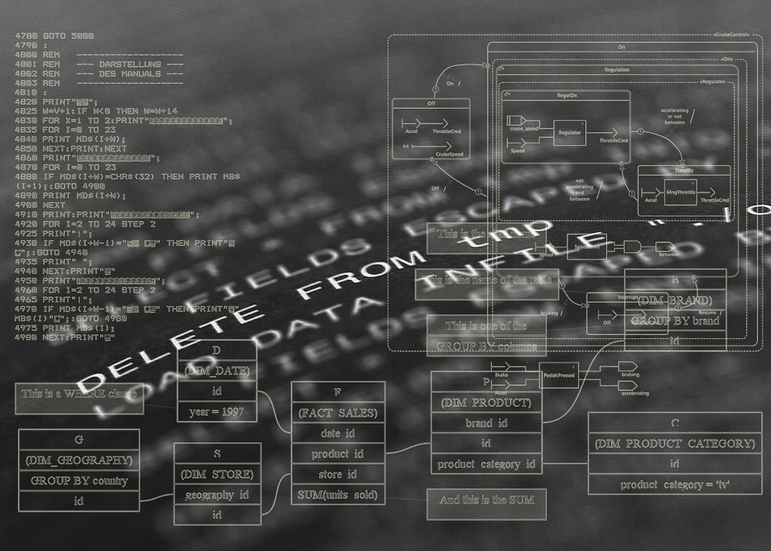 Afbeelding van code, database schema en een regelsysteem