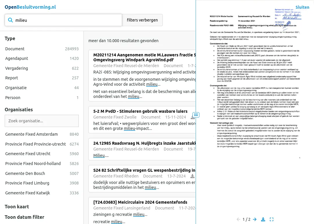 Screenshot van OpenBesluitvorming.nl met resultaten voor de zoekterm 'milieu'